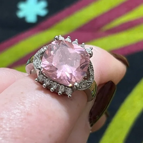 Pink CZ Sterling Silver 925 Cocktail Size 7 1/2 Ring - Picture 5 of 7